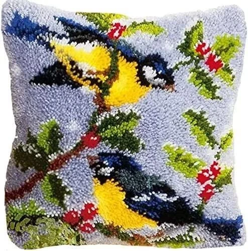 Latch Hook Kit for Adults & Kids Two Kingfishers Pattern 43x43cm, Complete DIY Cushion Making Craft Kits with Yarn & Canvas and Crochet Needle, Latch Hook Pillow Cover Adult Craft Kits Home Decor