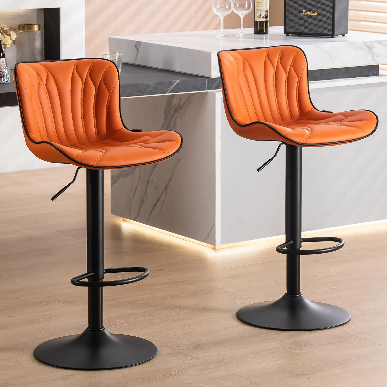 Kidol & Shellder Bar Stools Set of 2 Swivel Barstools Adjustable PU Leather Padded Wing Back Counter Stools, Burnt Orange, 3-5 Mins to Assemble, Loads 300lbs