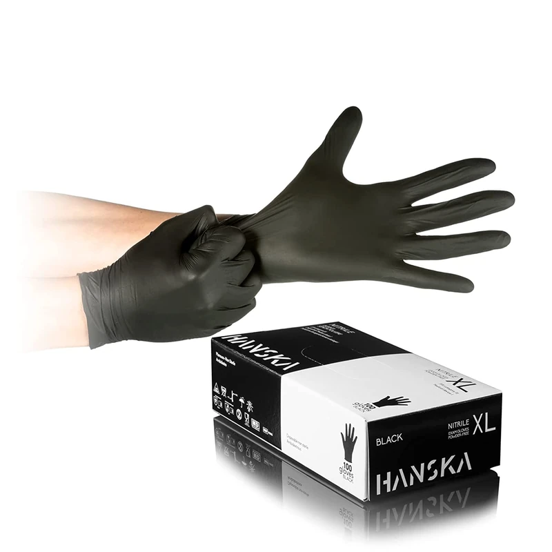 HANSKA Disposable Nitrile Gloves Black – Powder Free – Latex Free – Ideal for Tattooists, Medical Sectors, Beauty Salons, Food Handling – Box of 1000 (1000XL)