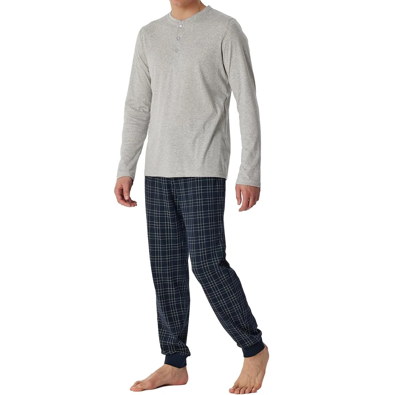 Schiesser Men's Long Pyjamas with Button Placket, Warm Cotton-Interlock Pajama Set, Grey melt, 62 Große Größen