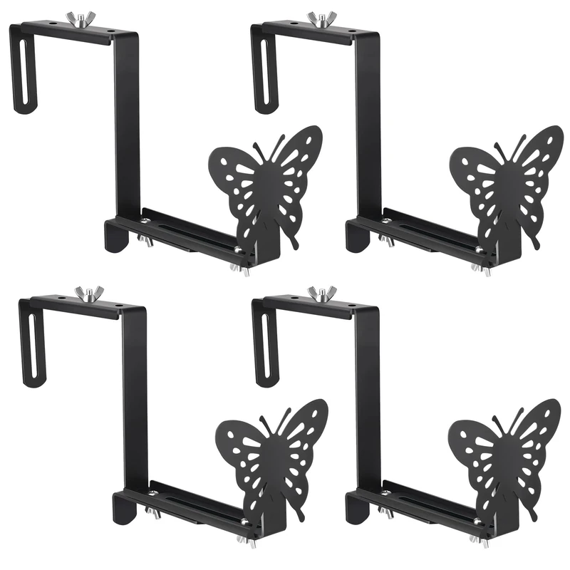 VIVIKEN Planter Box Bracket, Adjustable Hang Window Box Holder with Butterfly, Hanging Flower Pot Stand Brackets for Outdoor Patio Garden Fence Pergola Balcony Supporting Heavy Planters-4Pack