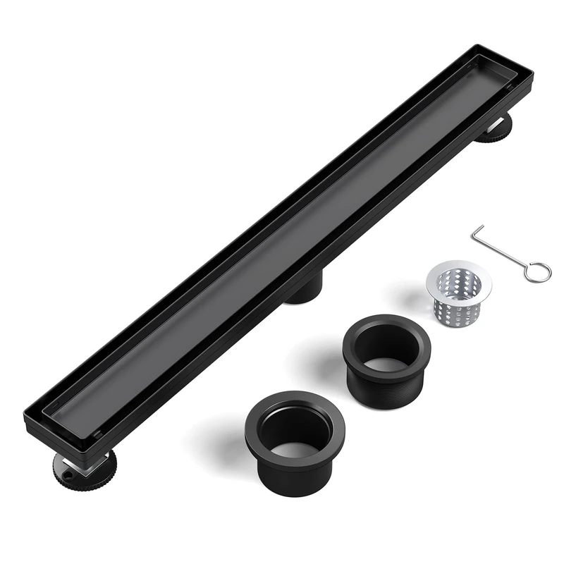 EXF Linear Shower Drain 30 Inch Matte Black with Reversible Flat & Tile Insert Cover, Stainless Steel Rectangle Shower Floor Drainage with Hair Catcher, Adjustable Feet