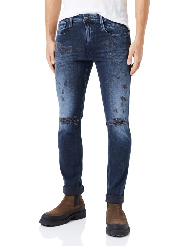 REPLAY Men's M914 Anbass Broken Edge Jeans, Dark Blue 007, 29W / 34L
