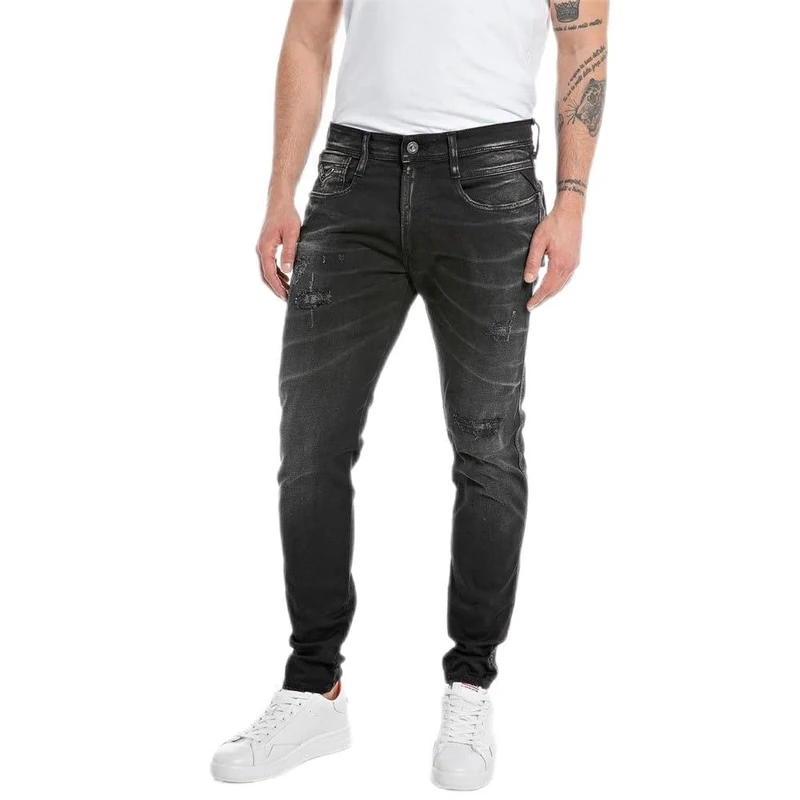 REPLAY Men's MD934 Modal Power Jeans, Black Delavè 099, 28W / 32L