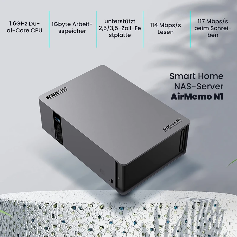 TOTOLINK AirMemo N1 NAS Server Network Storage USB 3.0 1000 Mbps LAN 2 GB RAM Home Server Additional Storage Automatic Backup NAS Storage 1 x SATA NAS SSD/HDD Android iOS Windows Compatible - Image 1