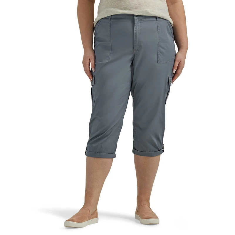 Lee Women's Plus Size Flex-to-go Mid-Rise Relaxed Fit Cargo Capri Pant, Tech Gray, 22