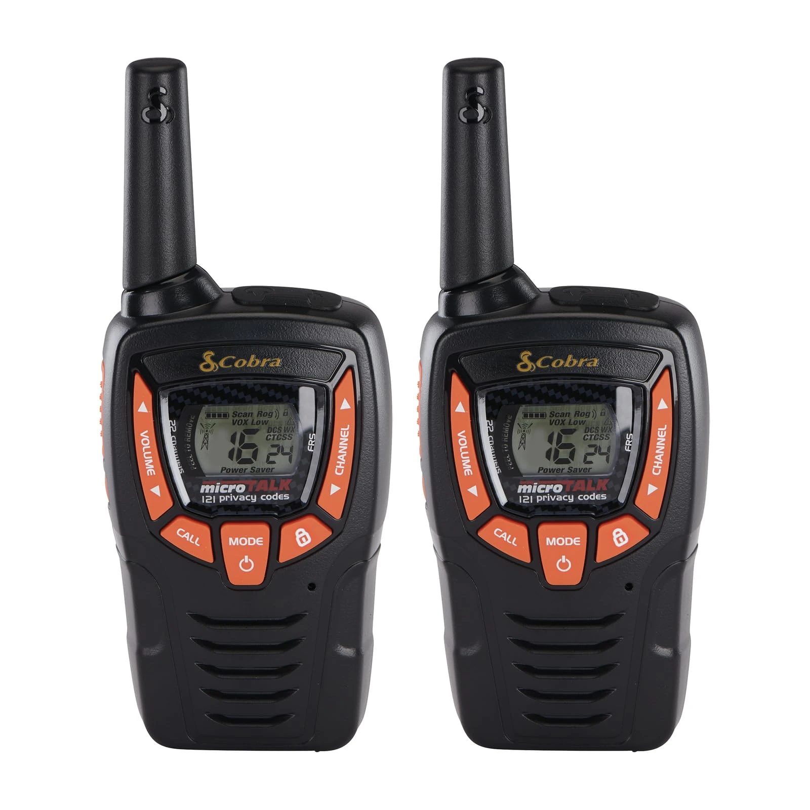 Cobra AM655 Compact Walkie Talkies for Adults (2-Pack) - 8 km Range, 16 Channels and 121 Privacy Codes, Weather Resistant, Rechargeable Two Way Radios, Black