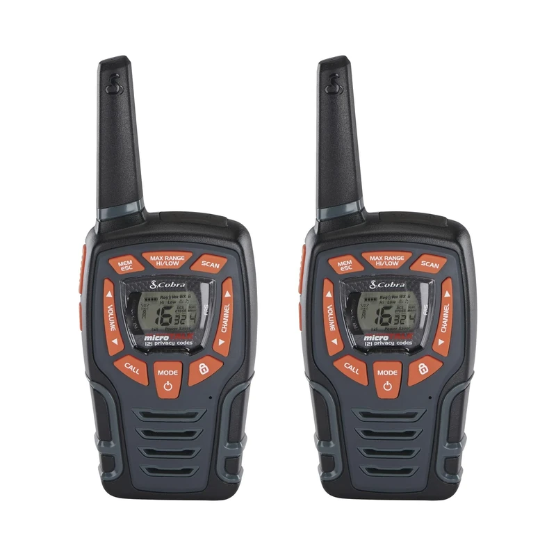 Cobra AM855 Weather Resistant Walkie Talkies (2-Pack) - 10 km Range, 16 Channels and 121 Privacy Codes, Weather Resistant, LED Flashlight, VibrAlert, Rechargeable Two Way Radios, Black
