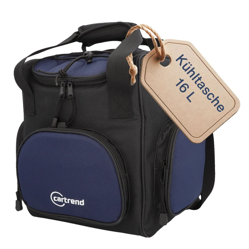 Cartrend Cool Bag 16 L with 12 V Car Connection Cable 1.50 m Long, Adjustable Shoulder Strap, 3 Front and Side Pockets with Zip, Easy-Care Inner Coating