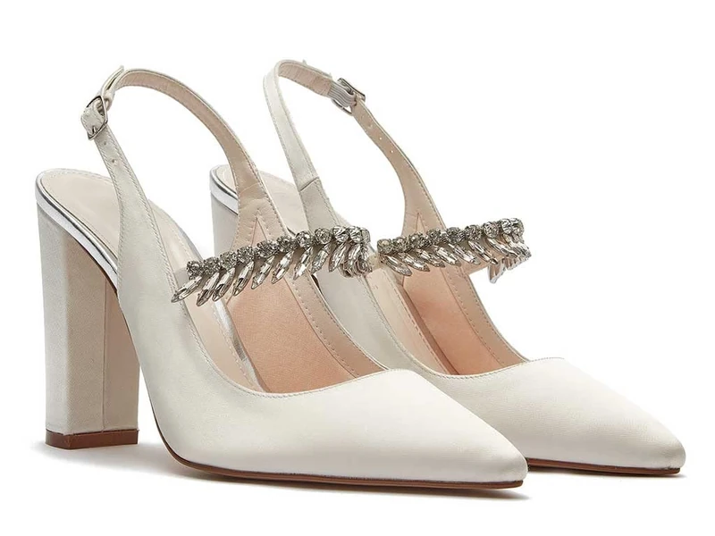 Rainbow Club Sparkly Slingback Wedding Shoes, Pointed Toe, Block Heel, 4 Ivory