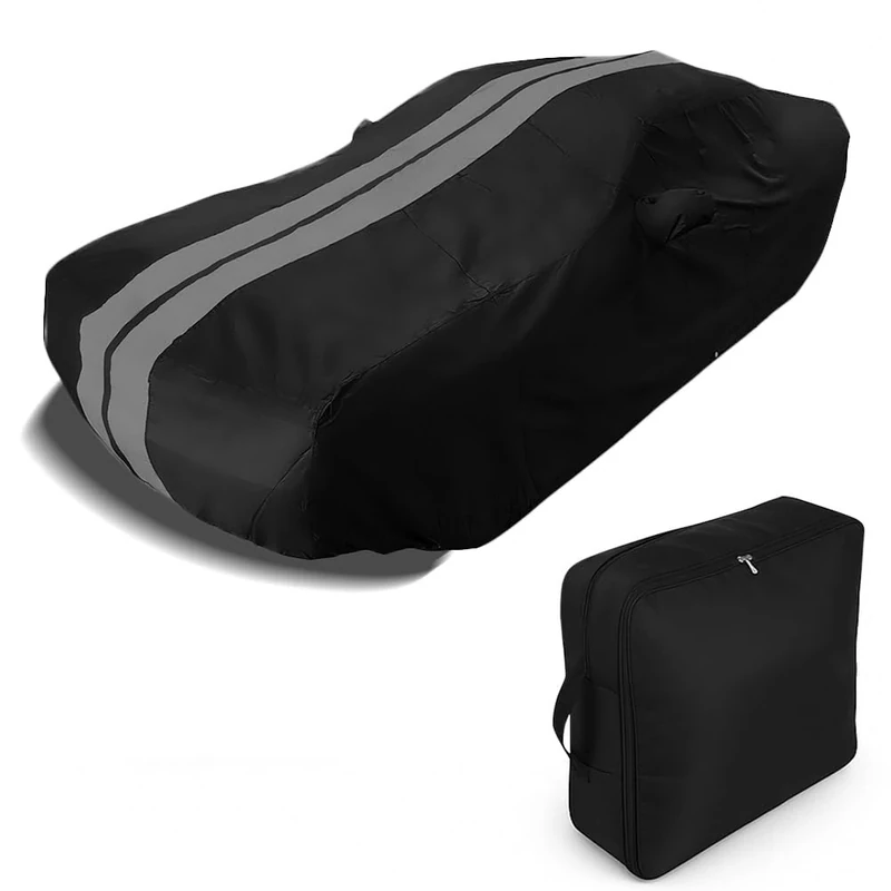Ultraguard Plus Car Cover Indoor/Outdoor Protection Water Resistant 300 Denier - Custom Fit for 2008-2023 Dodge Challenger SXT, GT, R/T, Scat Pack, Hellcat Redeye & Widebody (Black with Gray Stripes)