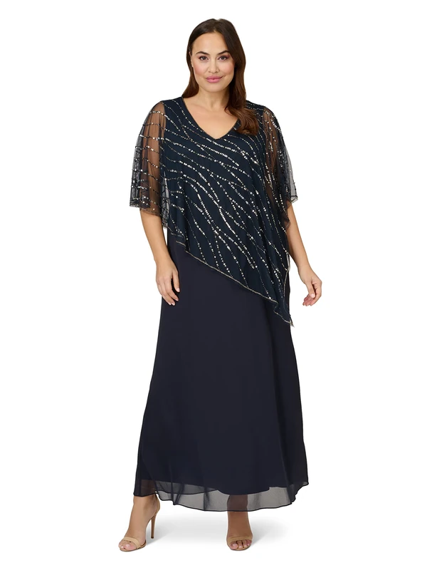 Adrianna Papell Women's Beaded Popover Midi Dress Special Occasion, Midnight, 18 Plus