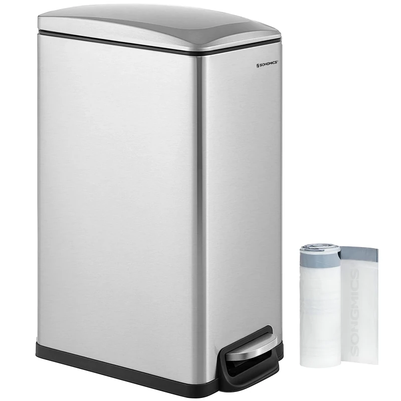 SONGMICS Kitchen Bin 48L, Slim Pedal Bin for Narrow Spaces, Rubbish and Waste Bin with Soft-Close Lid and Inner Bucket, Stainless Steel, 15 Rubbish Bags Included, Silver LTB510E48