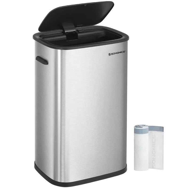 SONGMICS Kitchen Bin 50L, Sensor Bin, Automatic Rubbish Bin with Soft-Close Lid and Bag Retainer Ring, Stainless Steel Waste Bin, 15 Rubbish Bags Included, Silver LTB610E50