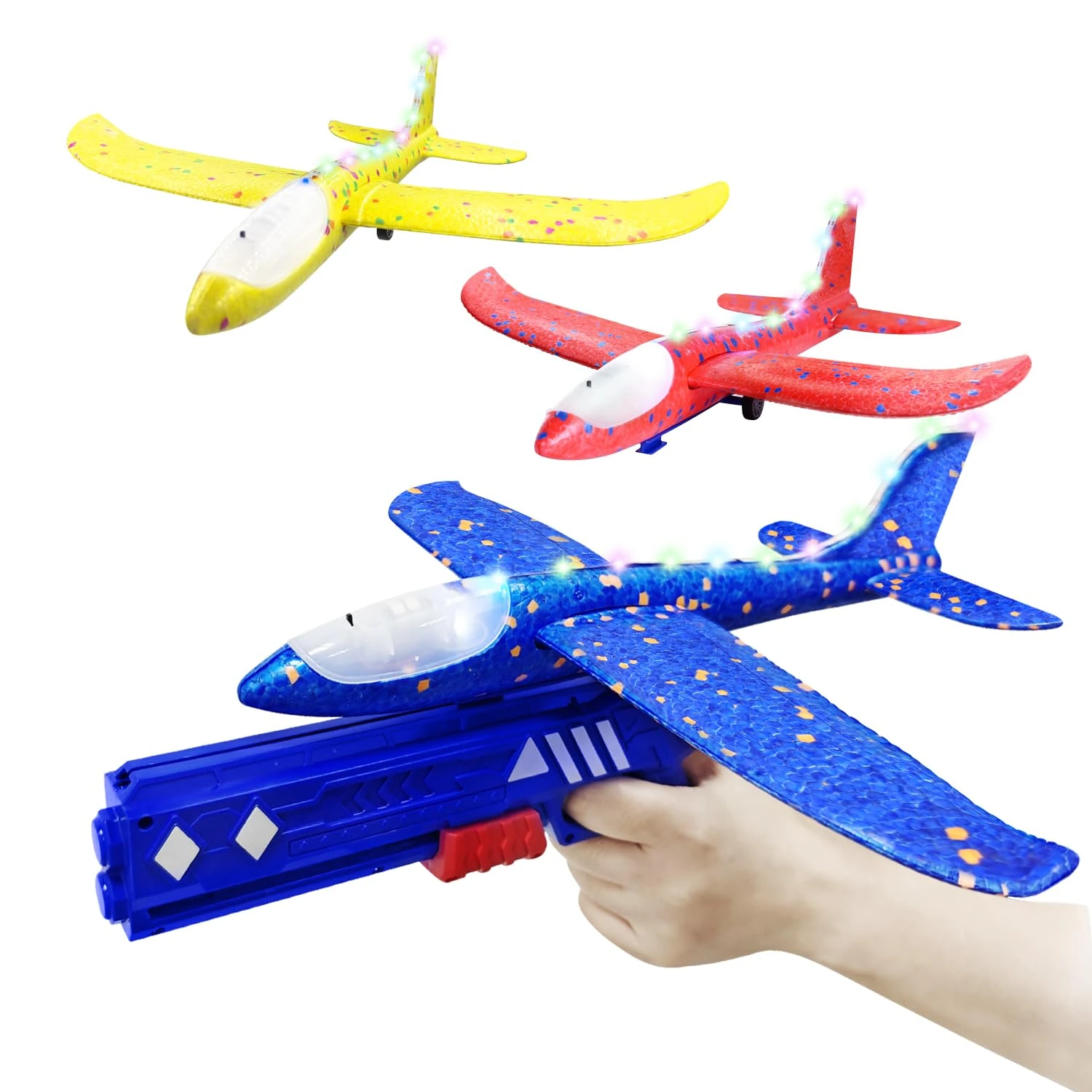 Boys Toys Age 4 5 6 7 8 9 Year Old Gifts, Airplane Launcher Toy with 3 Pack Foam Glider Planes, Outdoor Garden Aeroplane LED Flying Toys Birthday Present Gift for Kids 5 6 7 8