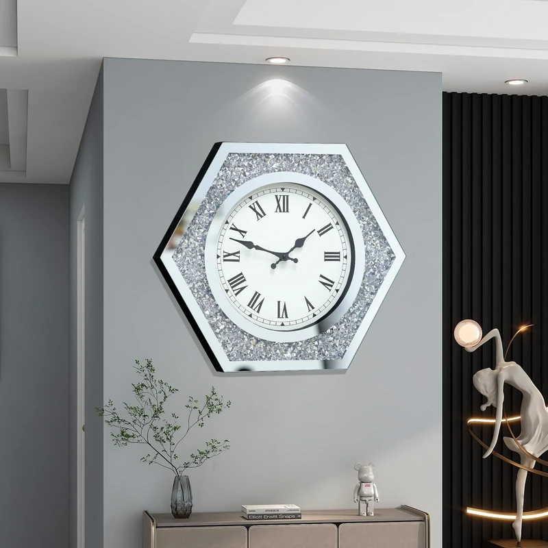 JTWALCLOCK Large Wall Clock for Living Room Decor Crystal Crush Diamond Mirrored Sparkle Twinkle Bling Modern Wall Clock Big Silver Mirror Home Decorative 20 inch Silent Clock for Indoor Decor