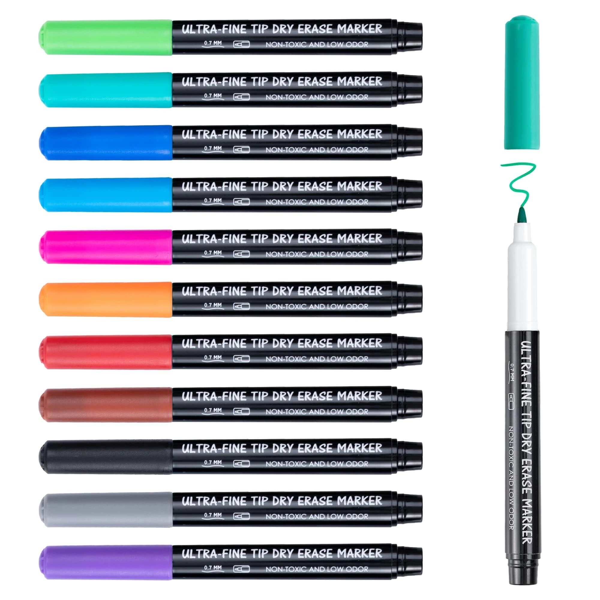 maxtek Whiteboard Pens Markers, 12 Colours 0.7mm Ultra Fine Tip White Board Markers Erasable with Eraser, Low Odour Thin Dry Wipe Pens for Whiteboard Calendar (Pack of 12)