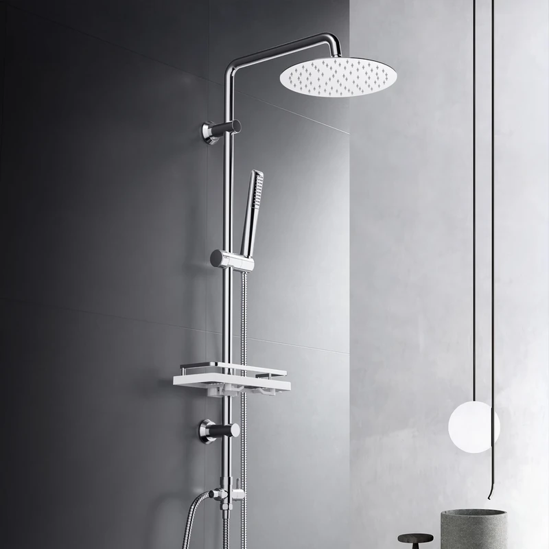 Görbach Stainless Steel Column Without Mixer - Adjustable Wall Holes, Hydromassage, Rain Shower With Holder Shelf (D20 cm)