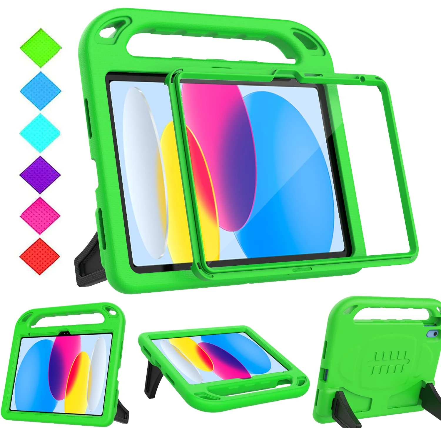 Surom Kids Case for iPad (A16) 11th Generation (11-inch, 2025)/iPad 10th Generation (10.9-inch, 2022), with Built-in Screen Protector, Shockproof Light Weight Handle Stand Case for Kids, Green