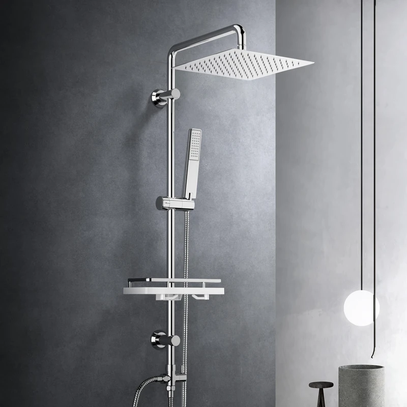 Görbach Hydromassage Shower Column - Stainless Steel Without Mixer Tap, Adjustable Wall Holes, Shower Head, Hand Shower Holder, 25 x 25 Square Shelf