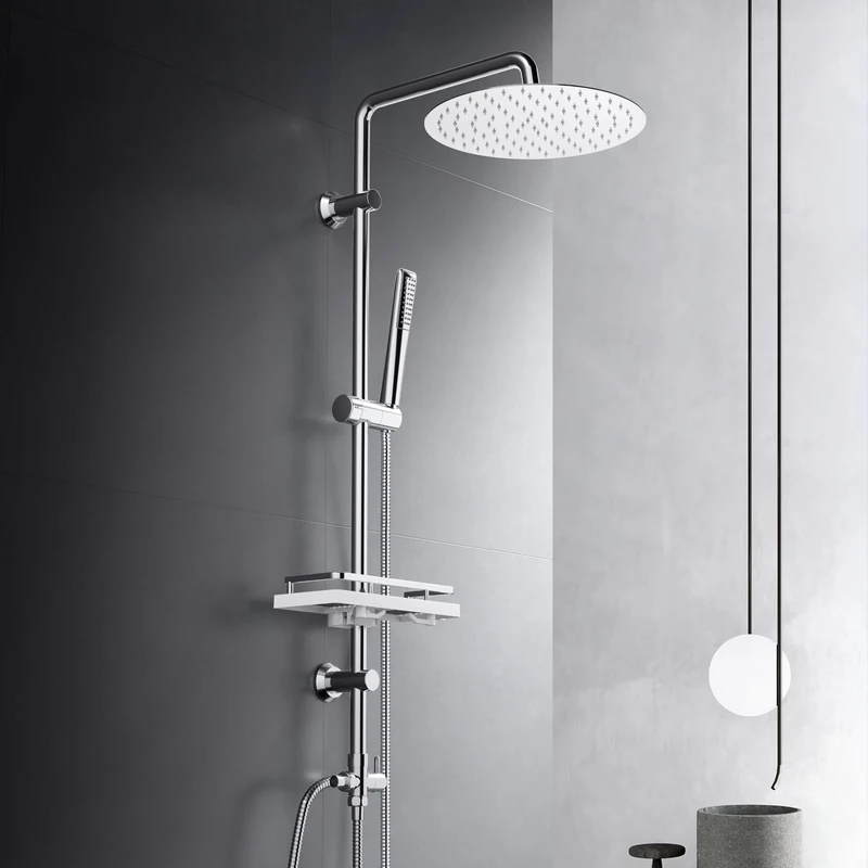 Görbach Stainless Steel Shower Column with Hydromassage, Rain Shower, Holder Shelf (D25 cm)