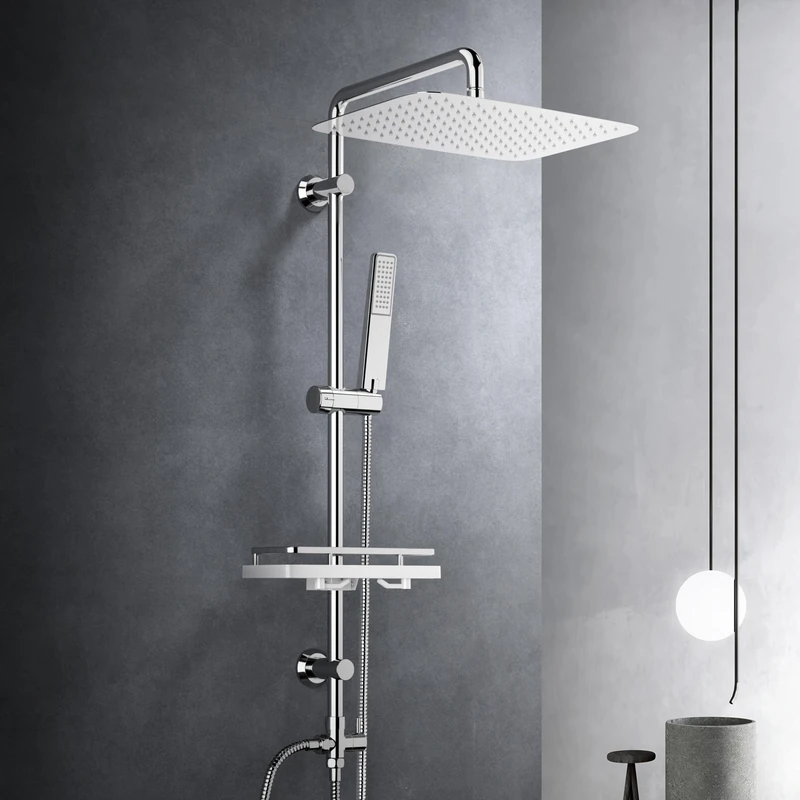 Görbach Stainless Steel Shower Column with Hydromassage, Rain Shower, Shelf and Adjustable Wall Holes, 35 x 25 cm
