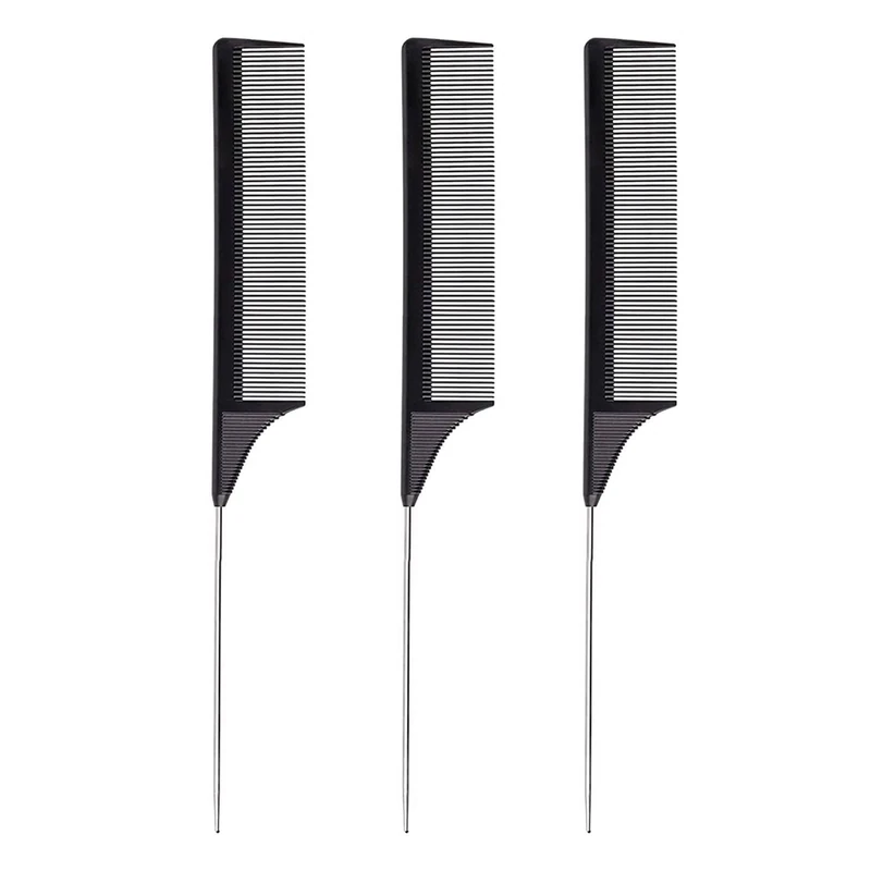 3 Pcs Tails Comb Set,Carbon Styling Rat Tail Hair Comb,Fiber Parting Comb,Wet Brush Hair Combs for Women Hair or Men Beard Texture Metal Comb Anti Static Pin Tail Comb Black Wide Tooth Comb