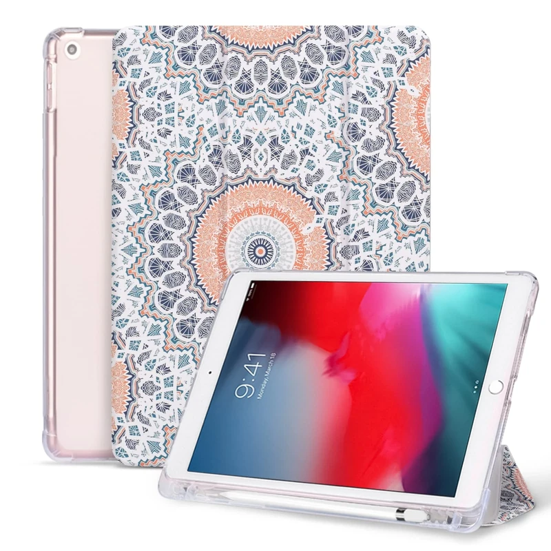 Vozehui 10.2 inch iPad 9/8/7th Gen Case with Pencil Holder, Ethnic Floral Print Tri-fold Stand Protective Cover with Auto Sleep Wake