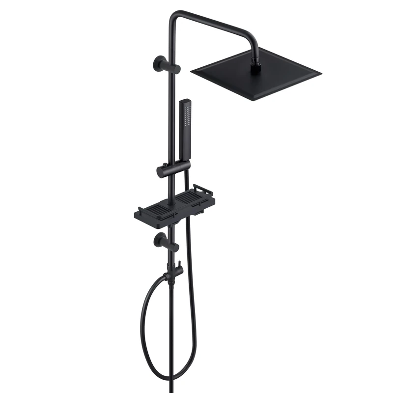 Görbach Black Stainless Steel Shower Column Without Mixer, Adjustable Wall Holes, Square Shelf 20 x 20 cm