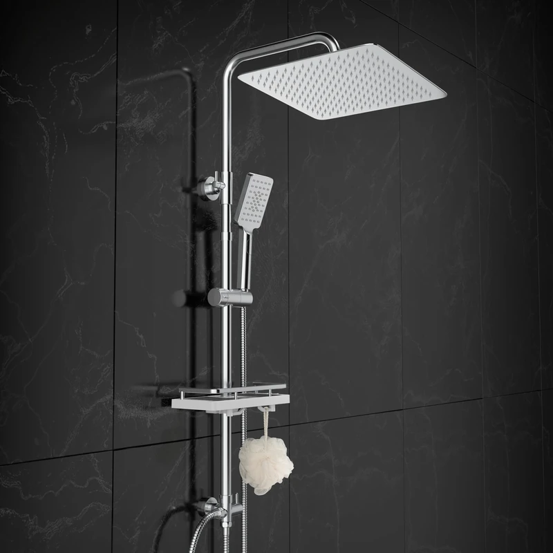 Görbach Chrome Stainless Steel Rain Shower Column Without Tap Adjustable Wall Shower Set with Rain Effect Shower Head, Shelf and Shower Head (30 x 30 cm)