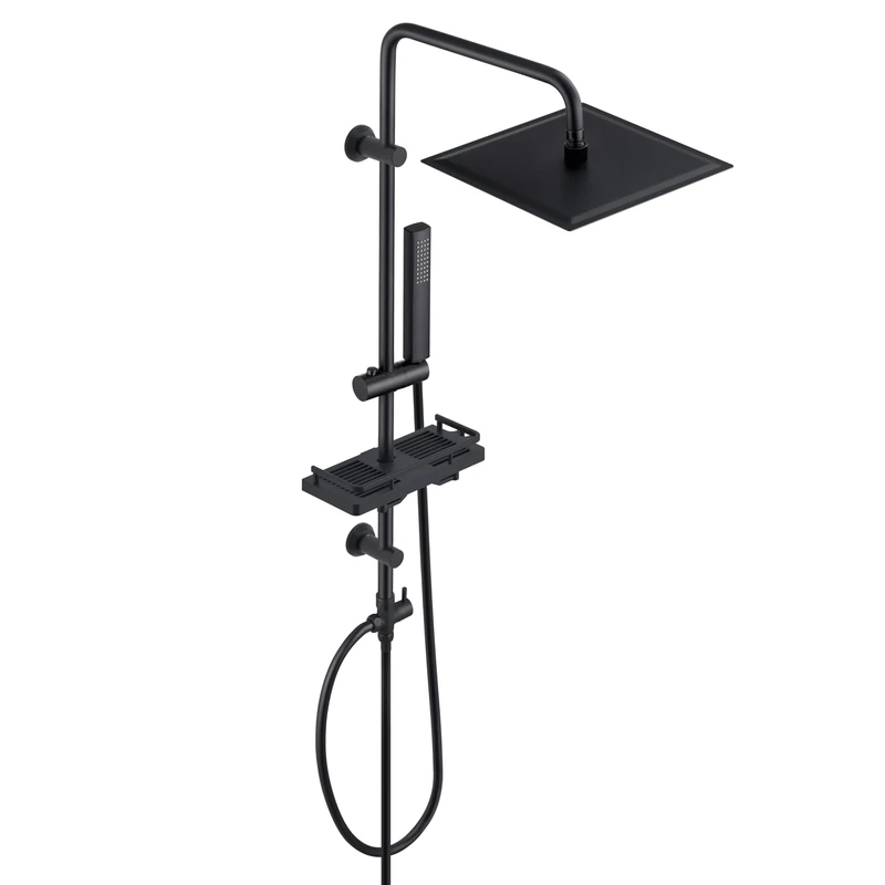 Görbach Black Stainless Steel Shower Column with Hydromassage, Adjustable Shower Rod, Square Shelf 25 x 25 cm