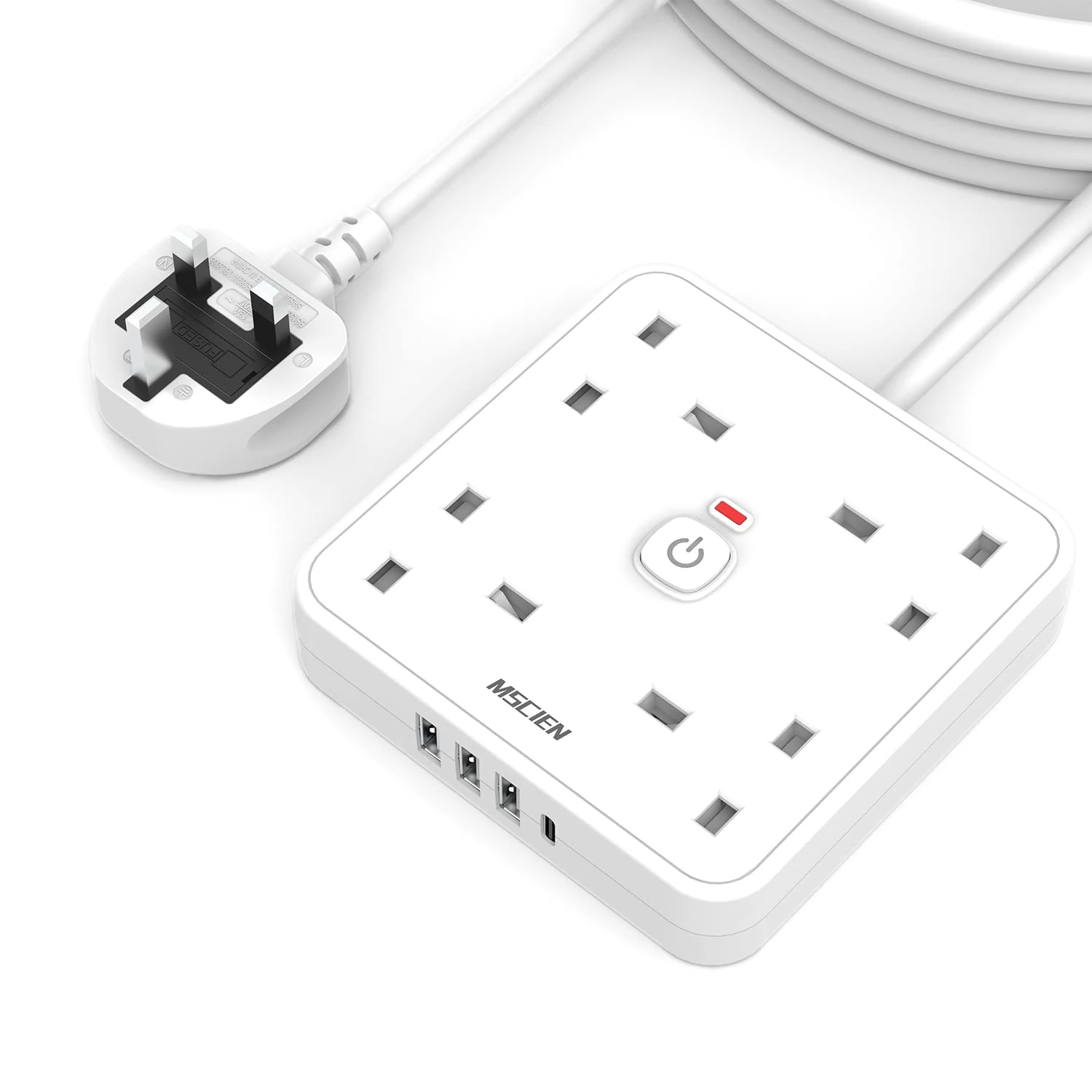 Mscien 5M 4 Gang Extension Lead with 4 USB Slots (1 Type-C and 3 USB-A), MSCIEN, Extension Cords with LED Indicator Switch, Wall Mounted Power Strip, Long Extension Cable for Home Office Dorm, White