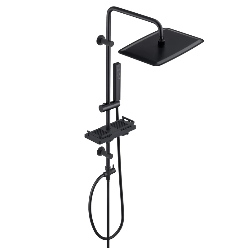 Görbach Rain Shower System with Shelf, Stainless Steel Shower Set Without Fixture with XXL Overhead Shower, Black (35x25cm)