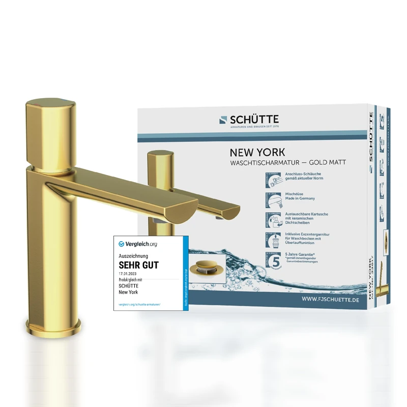 Schütte 33617 New York Gold Washbasin Tap with Drain Fitting, Mixer Tap with Pop-Up Valve, Bathroom Tap, Single Lever Mixer Tap, Bathroom, Gold