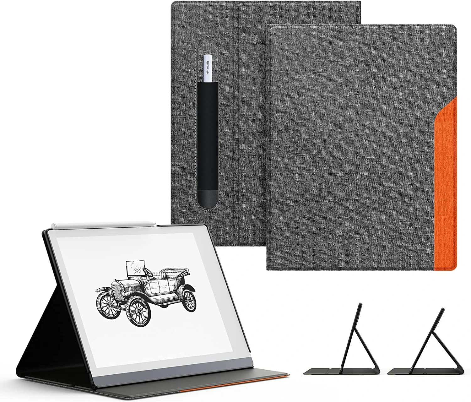 Ayotu Book Folio Case for Remarkable 2 Paper Tablet 10.3" 2020 Released, Premuin Fabric Smart Cover with Pen Pocket, Stable Folding Stand Design (Not for Remarkable 1), Gray & Orange