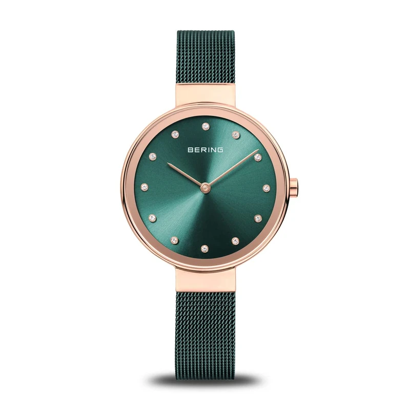 Bering Women's Quartz Watch | 34mm Case | Wristwatch with Rose Gold Case | Green Dial | Green Milanese Strap | 3 ATM | 12034-868
