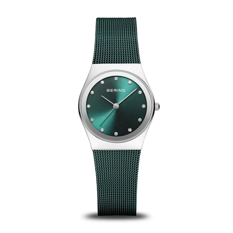 BERING Women's Quartz Watch, 27 mm Silver Stainless-Steel Case and Green Dial, Milanese Strap, Sapphire Crystal, 3 ATM, 12927-808