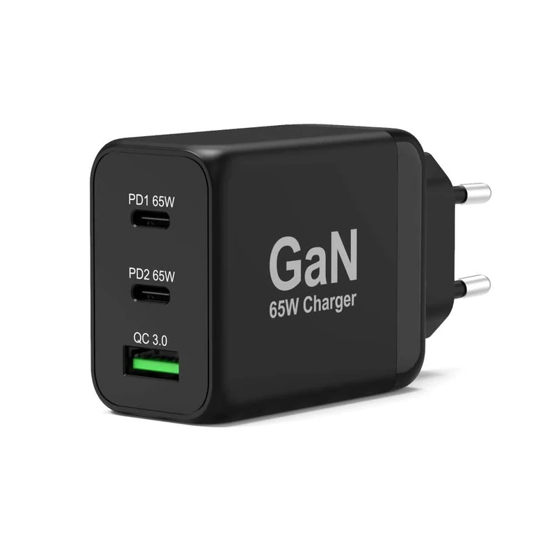 Port Connect Wall Charger gan USB-c Power Delivery™ & USB-a Quick Charge 65w with Type c Cable 2m Black UK Plug