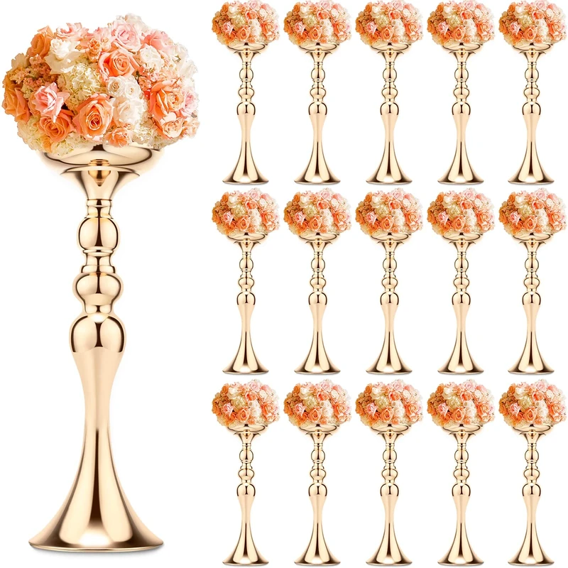 Sadnyy 16 Pcs Metal Flower Arrangements Stand Wedding Centerpiece Tall Table Decor Vase for Reception Centerpieces Event Party Hotel Home (Gold, 15 Inch)