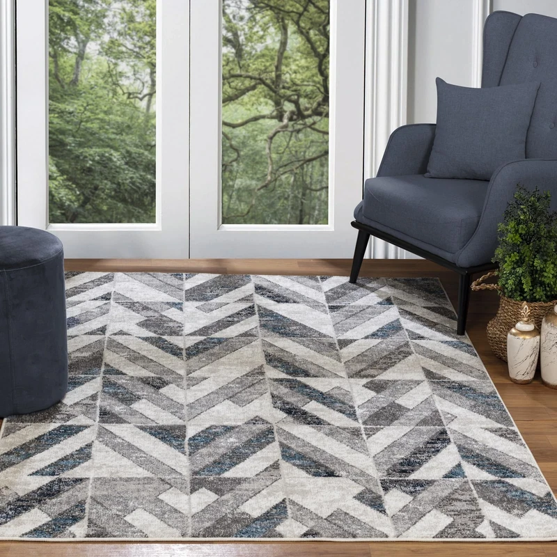 Livabliss Abisko Geometric Rug - Scandi Area Rugs Living Room 160x220 cm, Dining, Kitchen - Neutral, Abstract Patterned Rugs, Boho Style, Easy Care Pile - Large Rug, Silver and Blue