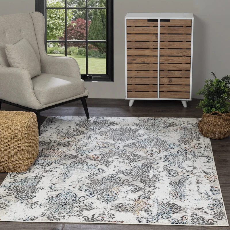 Livabliss Harstad Vintage Rug - Area Rugs for Living Room 160x220 cm, Bedroom - Scandi Neutral Rugs, Traditional Patterned Boho Style, Natural Easy Care Pile - Large Rug, White, Blue Grey and Gold