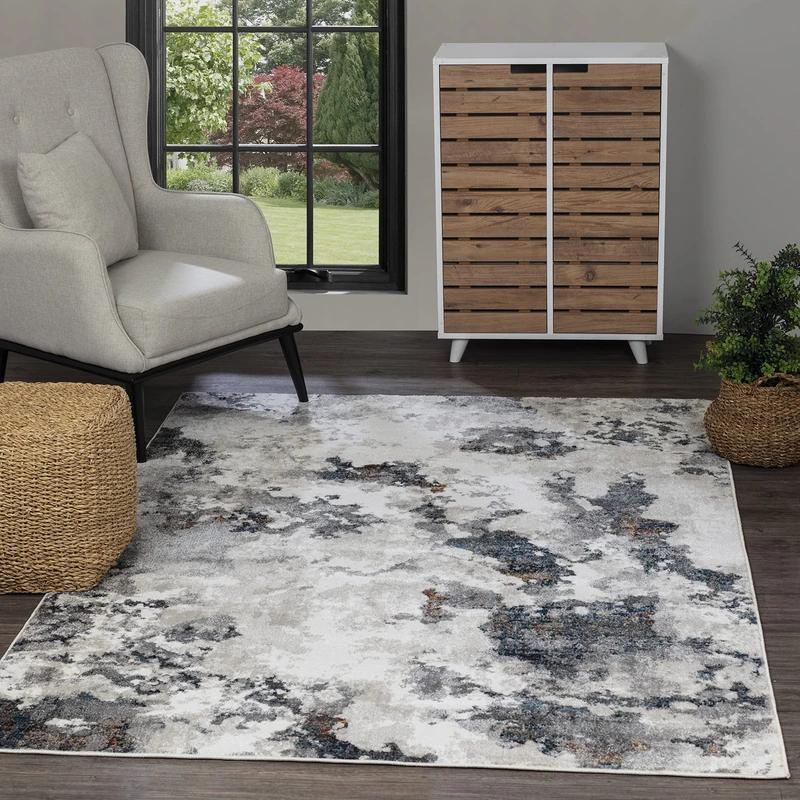 Livabliss Apeldoorn Abstract Rug - Area Rugs Living Room 120x170 cm, Dining Room, Lounge, Kitchen, Bedroom - Modern Marble Large Rug, Soft Luxurious Easy Care Medium Pile, Grey, Blue and White