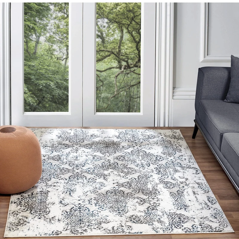 Livabliss Harstad Vintage Rug - Area Rugs for Living Room 160x220 cm, Bedroom - Scandi Neutral Rugs, Traditional Patterned Boho Style, Natural Easy Care Pile - Large Rug, Silver Grey, Blue