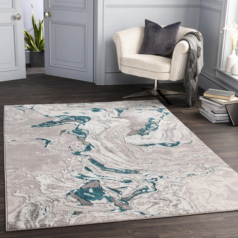 Livabliss Adria Abstract Rug - Area Rugs Living Room 120x170 cm, Dining Room, Lounge, Kitchen, Bedroom - Modern Marble Large Rug, Soft Luxurious Easy Care Medium Pile, Grey, Teal Blue and Ivory