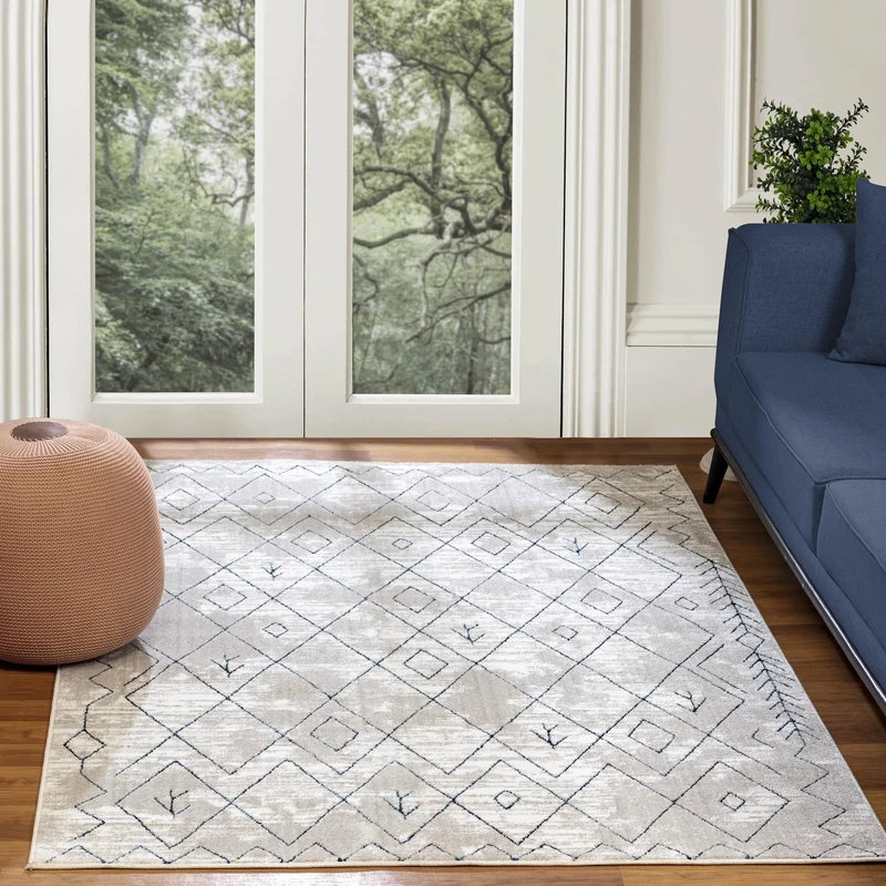 Livabliss Bergen Geometric Rug - Scandi Area Rugs Living Room 160x220 cm, Dining, Kitchen - Neutral, Abstract Patterned Rugs, Boho Style, Easy Care Pile - Large Rug, White and Blue