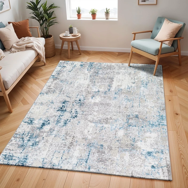 Livabliss Trento Abstract Rug - Area Rugs Living Room 160x220 cm, Dining Room, Lounge, Kitchen, Bedroom - Modern Marble Large Rug, Soft Luxurious Easy Care Medium Pile, Cream, Blue, Grey