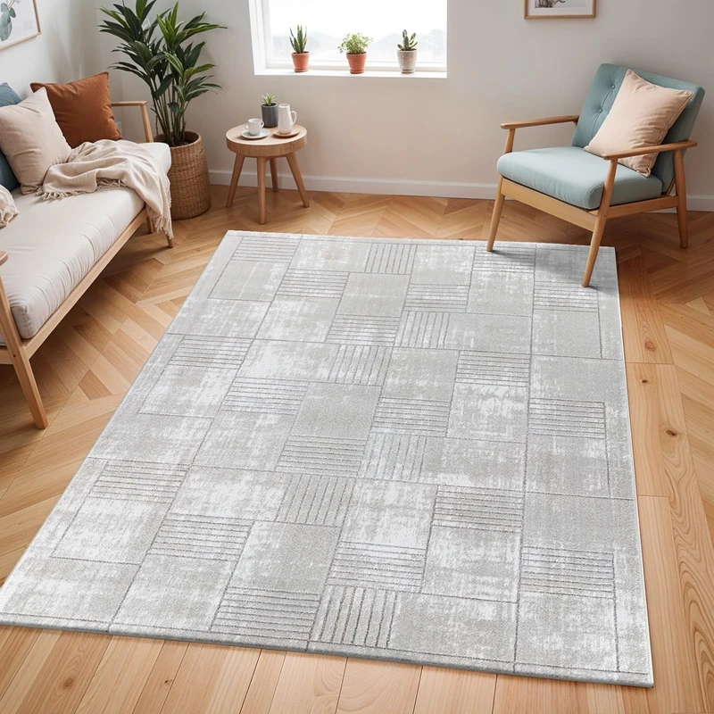 Livabliss Salla Geometric Rug - Scandi Area Rugs Living Room 160x220 cm, Dining, Kitchen - Neutral, Abstract Patterned Rugs, Boho Style, Easy Care Pile - Large Rug, White and Silver