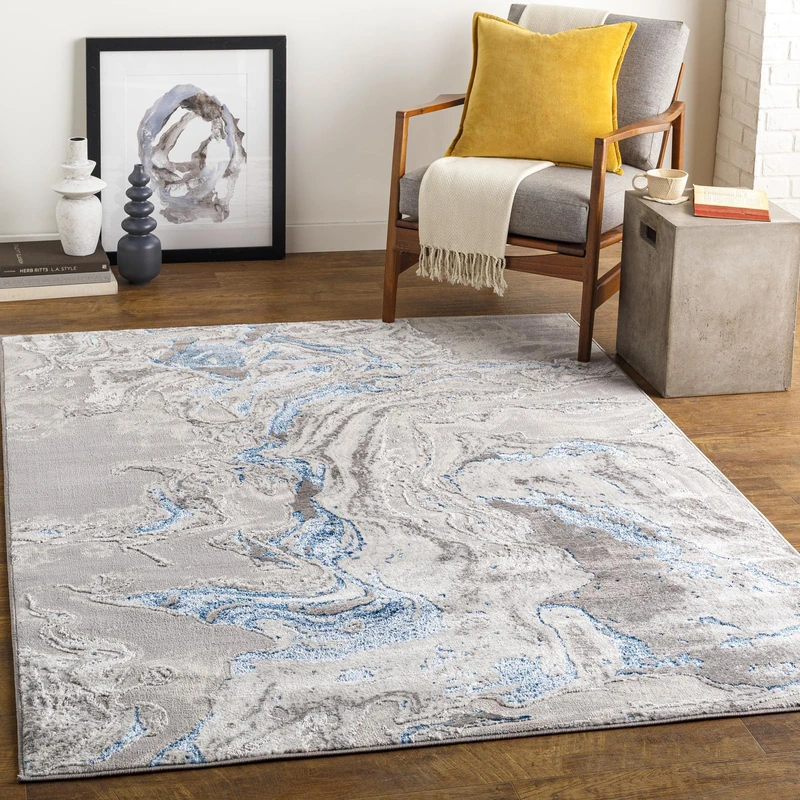 Livabliss Adria Abstract Rug - Area Rugs Living Room 120x170 cm, Dining Room, Lounge, Kitchen, Bedroom - Modern Marble Large Rug, Soft Luxurious Easy Care Medium Pile, Grey, Blue and Ivory