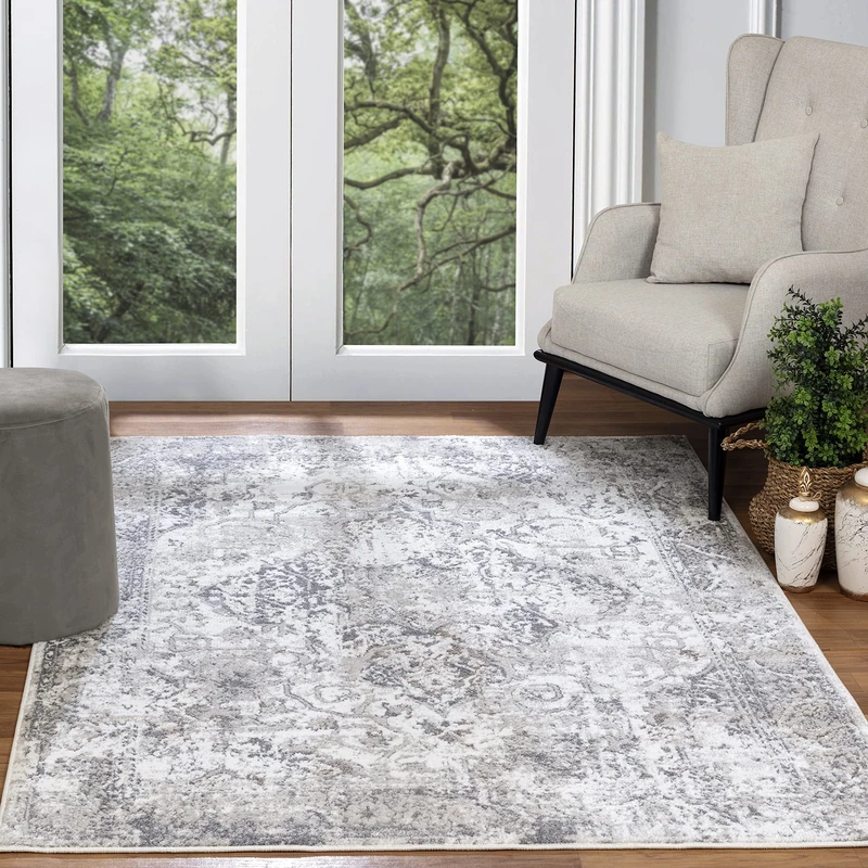 Livabliss Almere Vintage Rug - Area Rugs for Living Room 120x170 cm, Bedroom - Scandi Neutral Rugs, Traditional Patterned Boho Style, Natural Easy Care Pile - Large Rug, Grey and White