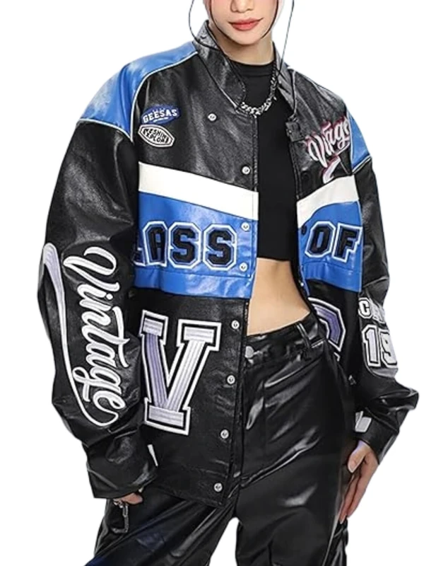 Vamtac Vintage Men Motorcycle Bomber Varsity Jackets Graphic Casual Loose Hip-Hop Letterman Streetwear Uniforms, 01a-black, XL - Image 1